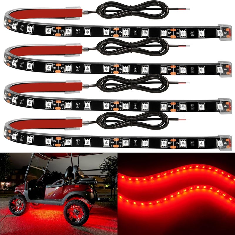 YM EBright 4Pcs Led Strip Lights for Car, 12inch Waterproof IP68 Car Underglow Strip Lights Decoration 18SMD 12V Led Interior Exterior Lights Strip for Cars Motorcycles Truck Golf Cart Boat - Red - Image 1